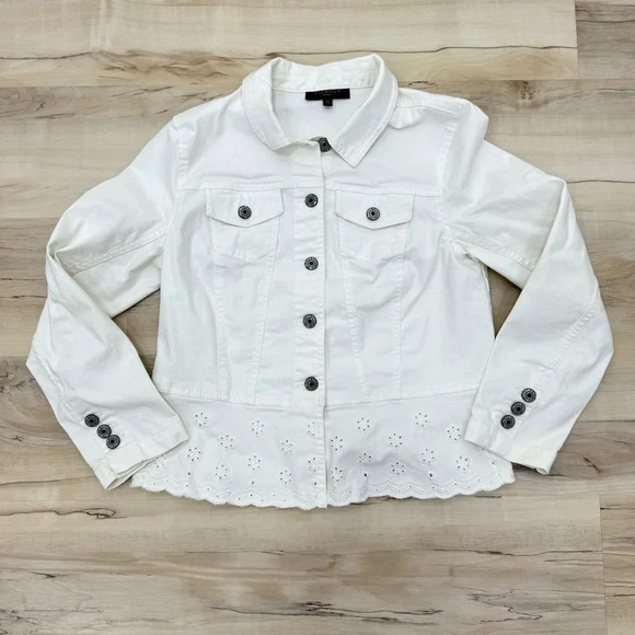 Talbots Eyelet Peplum white-denim jean jacket Sz Medium petite great condition - Picture 3 of 7